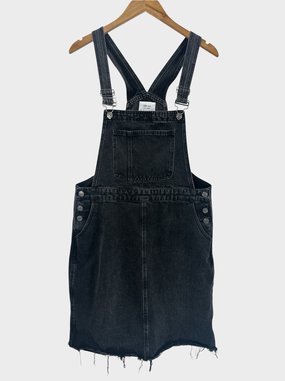 TNR Jeans Black Denim Overall Mini Dress Distressed Raw Hem Grunge Pinafore L
